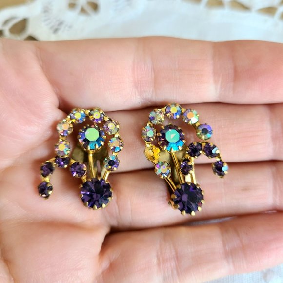 Vintage 1960s Aurora Borealis clip on earrings. Made in Austria. - Picture 1 of 7
